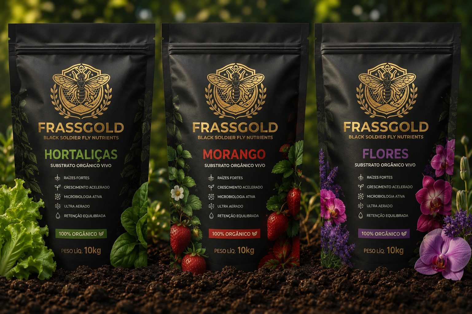 3 linhas FrassGold: Hortaliças, Morango e Flores